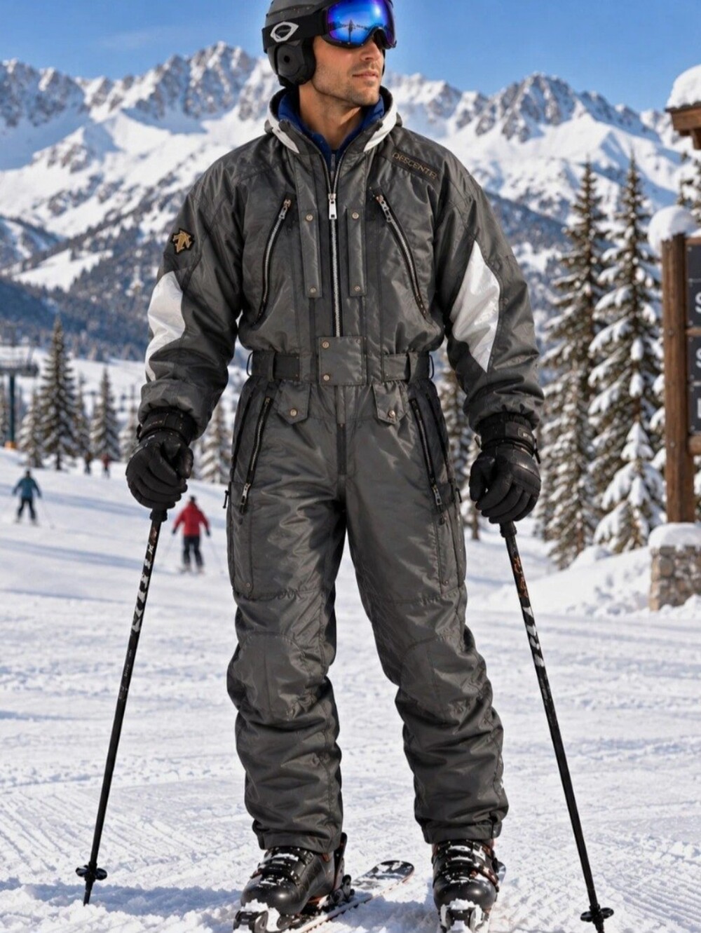 Vintage Descente Men's Medium silver gray Insulated One Piece Ski Snowsuit skip